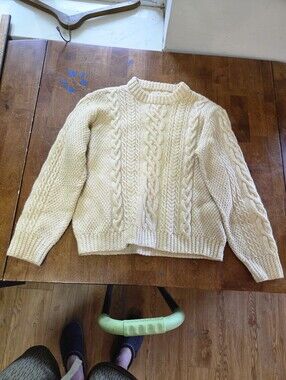 Vintage Hand Knit Irish Aran Fisherman Sweater Cream Wool Cable Knit Womens smal